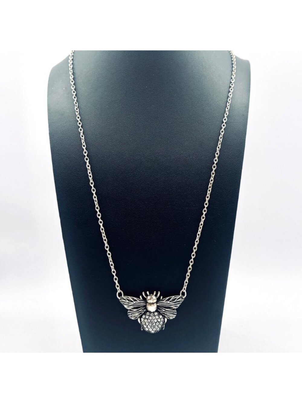 Bee Pendant Statement Necklace Antiqued Silver Tone Rhinestones 34" - Picture 2 of 8